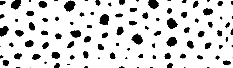 Seamless dalmatian animal horizontal pattern. Vector illustration with random ink black spots on white background. Spotted fur animal texture of dog, leopard, cow. Hipster polka dot print © A_Y_N