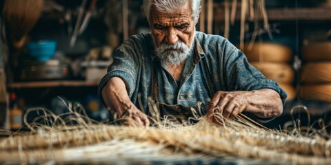An old man weaving a basket