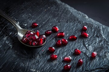 Spoon with pomegranate seeds on a dark background