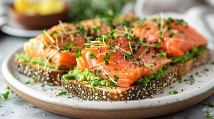 Gourmet Salmon on Avocado Toast with micro greens, dark background. Healthy natural food concept. Gourmet breakfast.  Image for menu, recipe, banner, poster.