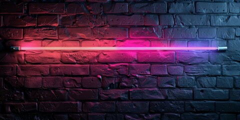 Glowing pink and blue neon light tube on a brick wall background