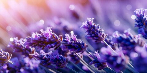 A field of purple lavender flowers with a bright blue sky in the background