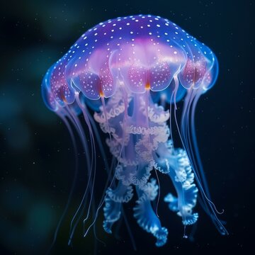 A glowing jellyfish with long, trailing tentacles