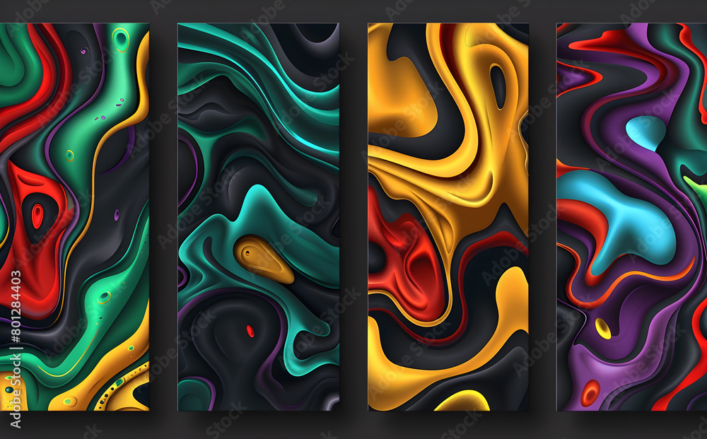 Poster a series of colorful abstract paintings with a gold and black border. the paintings are all differen