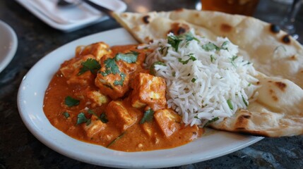 A plate of paneer tikka masala served with fragrant basmati rice and warm garlic naan, offering a comforting and satisfying meal option for Indian food enthusiasts.