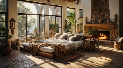 Cozy bedroom with a fireplace, stone walls, and large windows