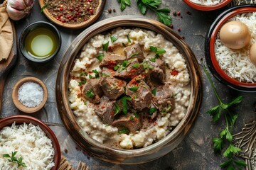 Delicious traditional lamb dish served over fluffy rice, topped with a creamy yogurt sauce and...