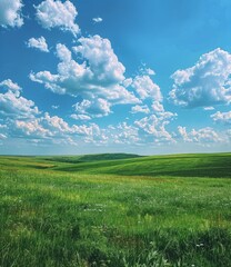 Obraz premium Green rolling hills under a blue sky with white clouds