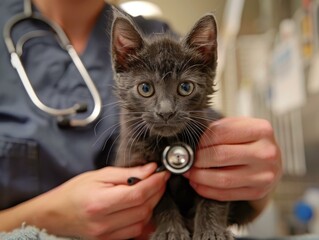 Close up of a veterinarian examining a gray kitten with a stethoscope