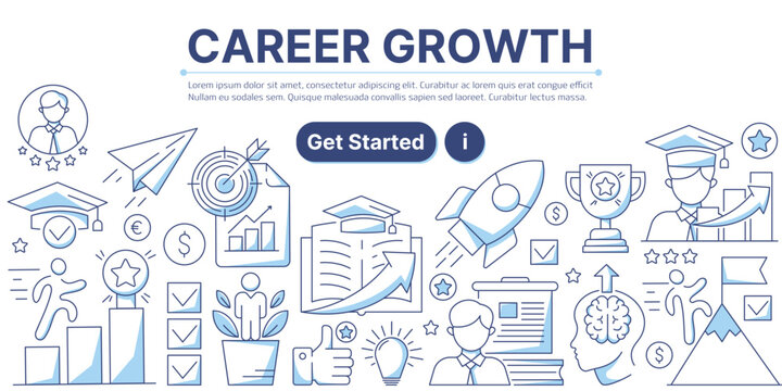 Career growth, business and education icons composition. Infographics elements with symbols of upskill, career ladder, goal achievement. Modern line vector design for web, banner, poster, landing page