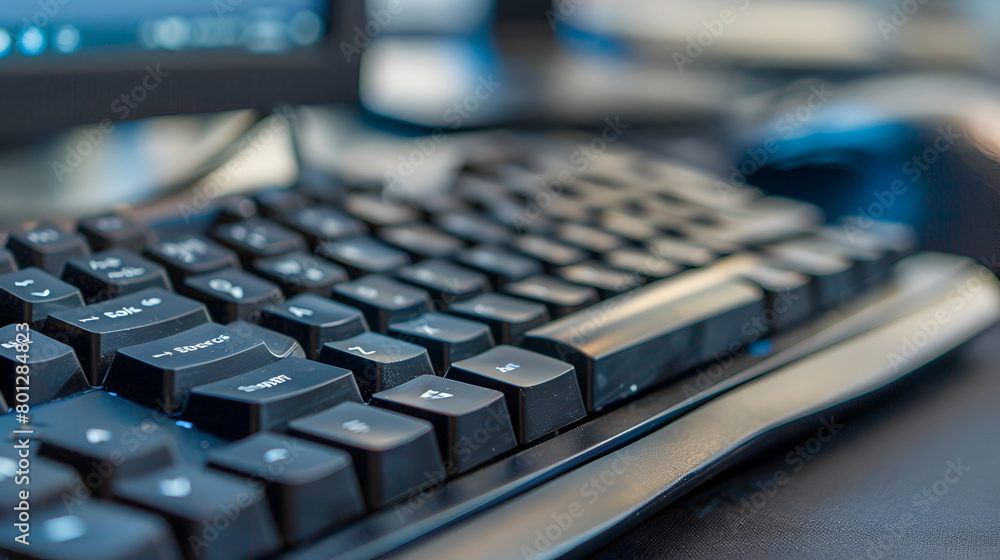 Poster Typing on  Mechanical Computer Keyboard,Close  of computer keyboard with colorful lights. Selective focus,Black keyboard with red backlight, blurry close up, focus on enter key,Typing on a keyboard

