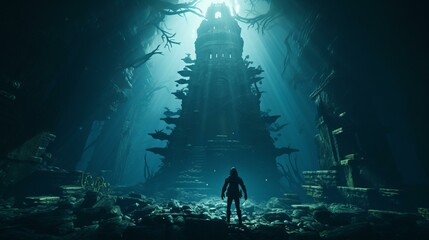 An adventurer explores a mysterious underwater temple