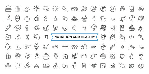 Nutrition and Healthy food Vector Icons. Contains related to Caunt Calories, Palm oil free, Zero thans fat, Probiotics and more. Outline icons collection.