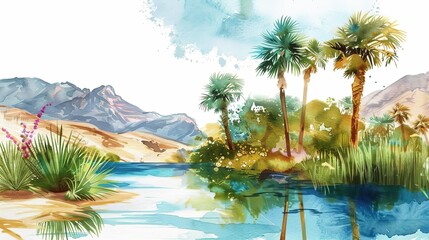 desert oasis with palm trees and mountains in the background