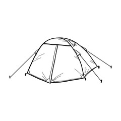 Outline drawing made by hand isolated camping tent on a white background.