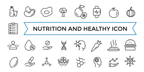 Nutrition and Healthy food Vector Icons. Contains related to Caunt Calories, Palm oil free, Zero thans fat, Probiotics and more. Outline icons collection.