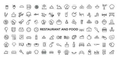 Restaurant cafe menu, food and drink line web icon set. Outline icons pack. Icon collection. Editable vector icon and illustration.