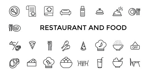 Obraz premium Restaurant cafe menu, food and drink line web icon set. Outline icons pack. Icon collection. Editable vector icon and illustration.