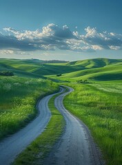 Scenic view of a rural road through green rolling hills