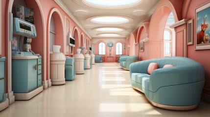 Fototapeta premium Pink and blue retrofuturistic hospital waiting room