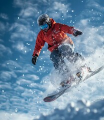 Man in orange jacket snowboarding through powder snow