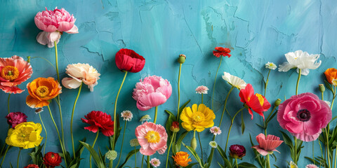 A colorful bouquet of flowers is arranged in a row on a blue background