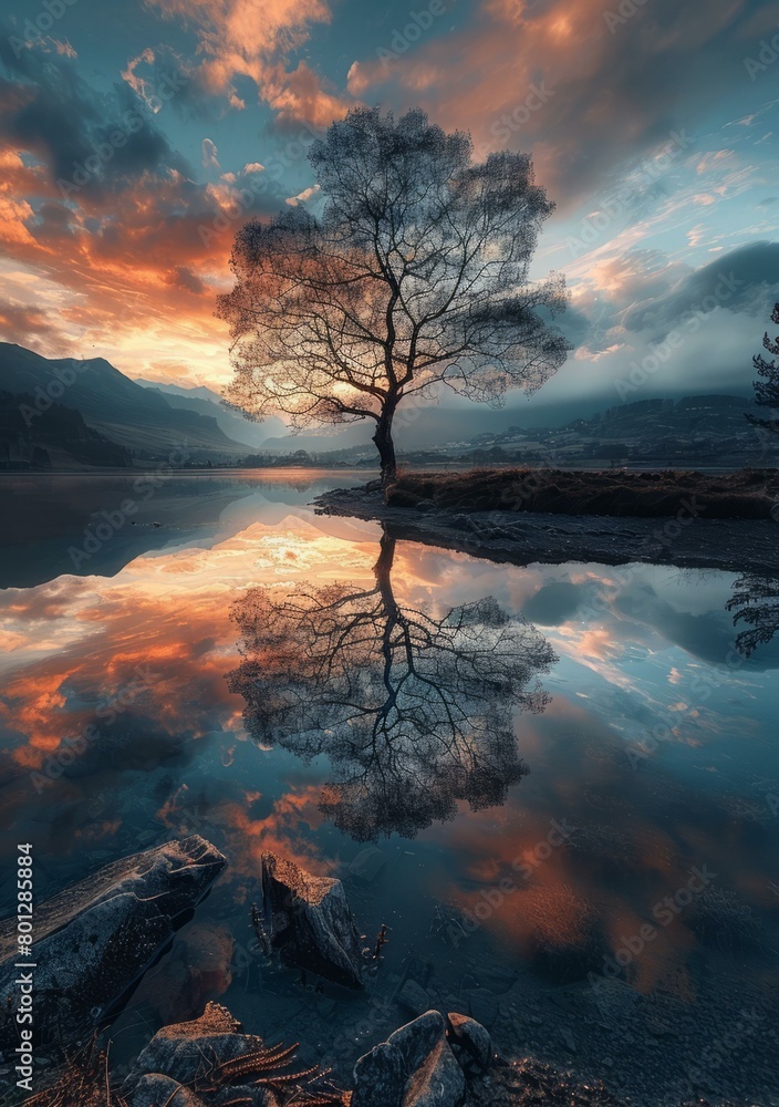 Sticker A Tree in the Lake with a Sunset in the Background