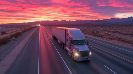 Semi truck on the road at sunset