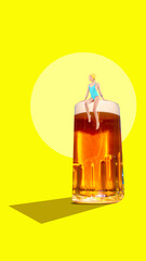 Young girl in swimming suit sitting on giant mug with lager foamy beer against vivid yellow background. Contemporary art collage. Concept of alcohol drink, surrealism, celebration, creativity