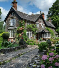 Stone cottage in the countryside with flowers