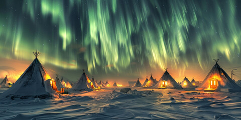 Beautiful Northern Lights Dancing Over Snow Covered Teepees in Winter Wonderland Scenery