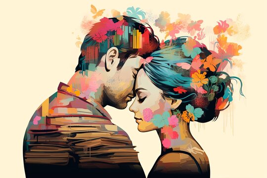 Sapiosexual. Happy Valentines Day. Couple smart boy and girl  with watercolor splashes in the style of pop art, сolorful, vivid