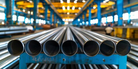 Bundles of steel pipes in a warehouse