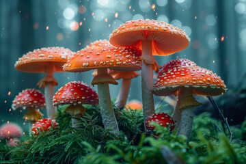 A group of red mushrooms are on a green mossy ground - Powered by Adobe