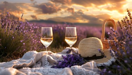  lavender fields in full bloom under the golden sunset, with two glasses of white wine and an...