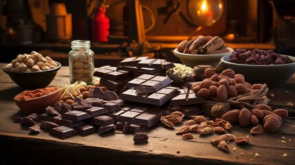 A variety of chocolate bars and other sweets on a wooden table
