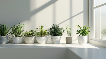 A row of potted plants lining the windowsill against the light gray walls, bringing a touch of nature and freshness indoors