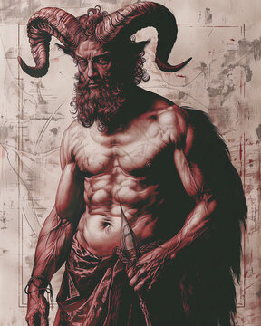 Familiars Of Azazel, Pan, Horned God, Warm Tone Effect Portrait Illustration Inspired By Occult Art From Old Grimoires