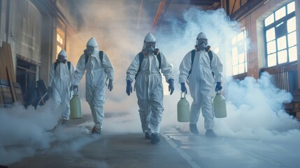 A group of exterminators equipped with protective suits and equipment fumigating a commercial warehouse to eradicate a stubborn pest problem - obrazy, fototapety, plakaty
