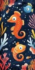 Three happy seahorses and colorful coral reefs