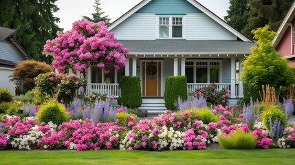 Colorful flowers and shrubs decorate the front yard of a suburban home