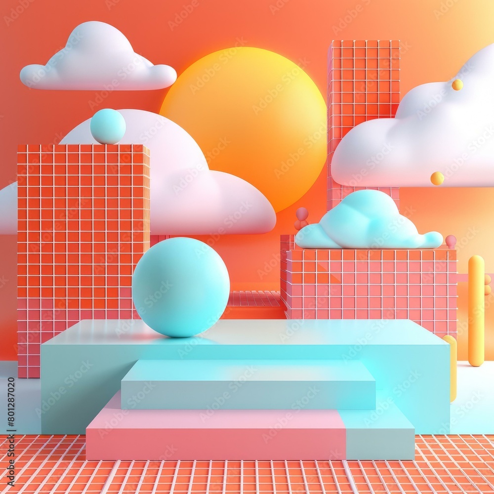 Poster 3d rendering of a podium with a blue sphere and clouds