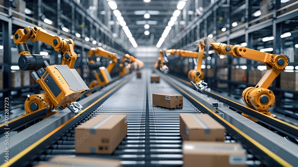 Aufkleber high-speed robotic packing station efficiently processing consumer electronics