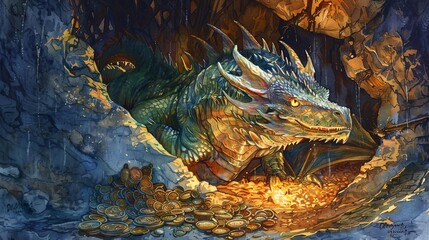 dragon's lair on a pile of gold coins - obrazy, fototapety, plakaty