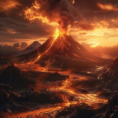 Fototapeta premium Lava Flowing Down a Mountainside During a Volcanic Eruption