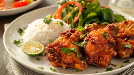 A plate of Thai fried chicken served with a side of fresh salad and jasmine rice, presenting a balanced and satisfying meal option.