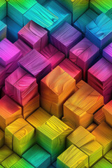 Rainbow colors wooden square cubes, abstract background seamless pattern texture. 3D render illustration style. Background for wallpaper, tapestry, cloth, fabric printing, web.