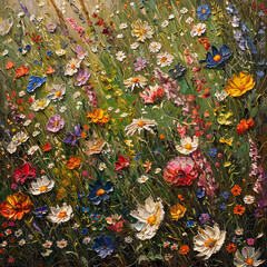 Lush meadow of mixed wildflowers painted with a heavy impasto technique in oils