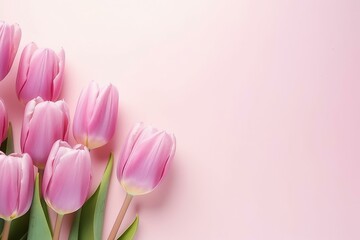 A beautiful bouquet of pink tulips on a pink background