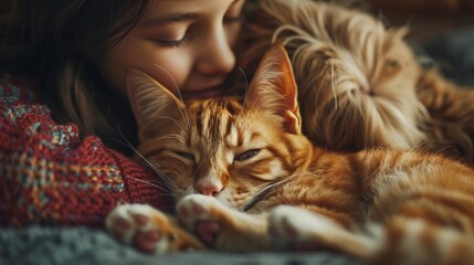 Craft an image depicting pets offering comforting greetings to their owner after a long day